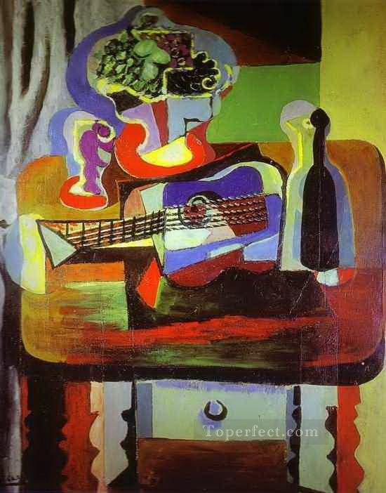 テーブルにフルーツとガラスが置かれたギターボトルボウル 1919年キュビズム パブロ・ピカソ油絵